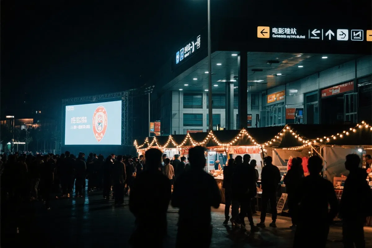 费城球迷广场夜景：大屏观赛人群、步行指示牌与公共交通入口